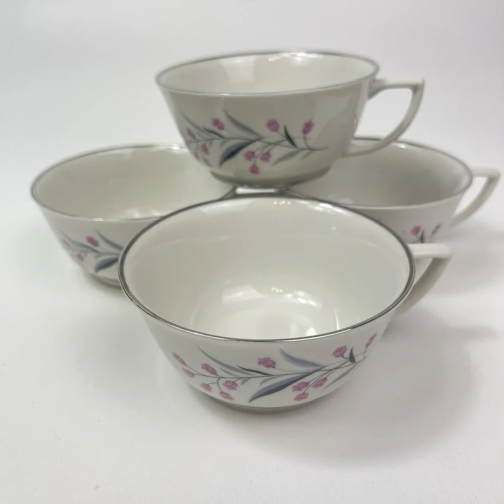 Embassy USA China Tru Tone Footed Tea Cups Pink‎ Flowers Gray Platinum Rim